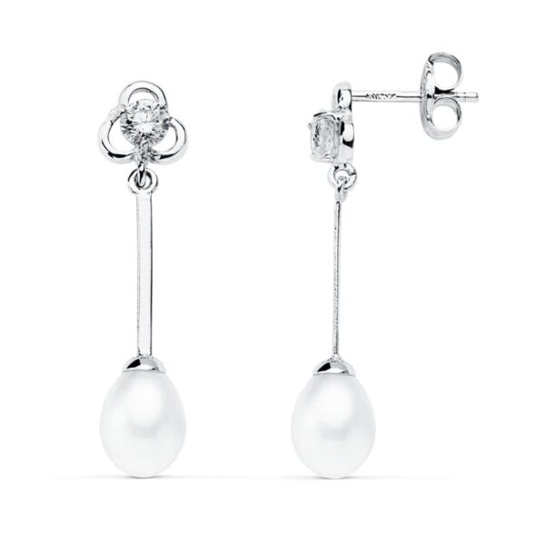 18K PENDIENTES LARGOS ORO BLANCO PERLA 27X6 MM CIERRE PRESION