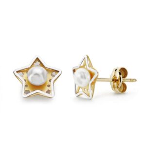 18K PENDIENTES ORO AMARILLO ESTRELLA Y PERLA 8X8 MM CIERRE PRESION