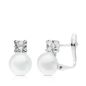 18K PENDIENTES ORO BLANCO PERLA Y CIRCONITA ORO BLANCO 11X6.5 MM CIERRE CATALAN