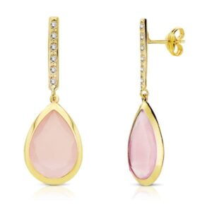 18K PENDIENTES PIEDRA ROSA 33X12 MM CIERRE PRESION