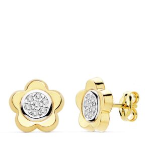 18K PENDIENTES ORO BICOLOR FLOR CIRCONITA 10 MM CIERRE PRESION