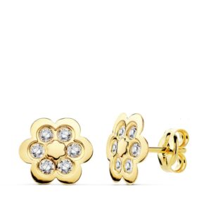 18K PENDIENTES FLOR CIRCONITA ORO AMARILLO 9X9 MM CIERRE PRESION