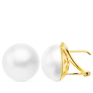 18K PENDIENTES ORO AMARILLO PERLA JAPONESA 16 MM CIERRE OMEGA