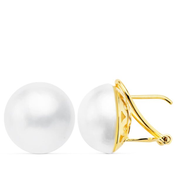 18K PENDIENTES ORO AMARILLO PERLA JAPONESA 16 MM CIERRE OMEGA