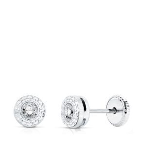 18K PENDIENTES ORO BLANCO CHATON CON GRECA Y CIRCONITA 3 MM CIERRE TUERCA