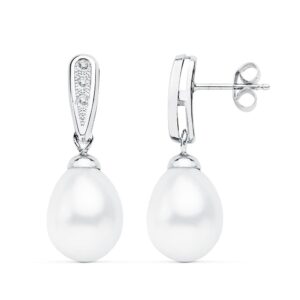 18K PENDIENTES ORO BLANCO DE NOVIA CON PERLA 24X9 MM CIERRE PRESION