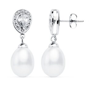 18K PENDIENTES ORO BLANCO PERLA 27X9 MM CIERRE PRESION