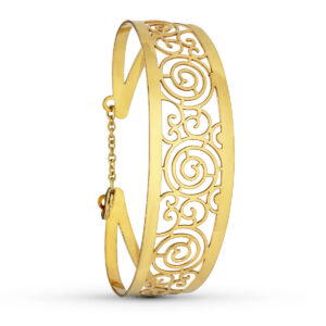 18K PULSERA RIGIDA ORO AMARILLO CALADA MOTIVOS MEDIDA INTERIOR 62X55 MM ANCHO TOTAL 20 MM CIERRE MOSQUETON CON CADENA