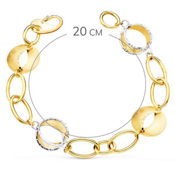 18K PULSERA ORO BICOLOR ESLABONES OVALES Y MOTIVOS REDONDOS RAYADOS. 20CM - Imagen 2