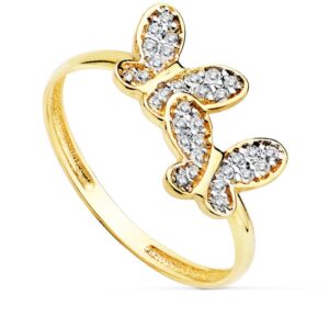 18K SORTIJA ORO BICOLOR CON DOS MARIPOSAS Y ALAS DE CIRCONITAS