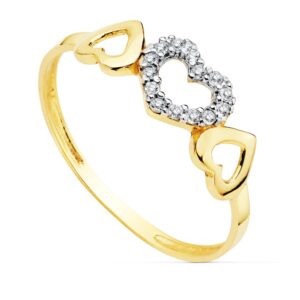 18K SORTIJA ORO BICOLOR CON TRES CORAZONES Y CIRCONITAS