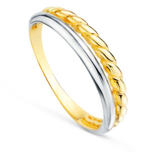 18K SORTIJA ORO BICOLOR DOBLE BANDA LISA Y RELIADA. ANCHO: 4MM