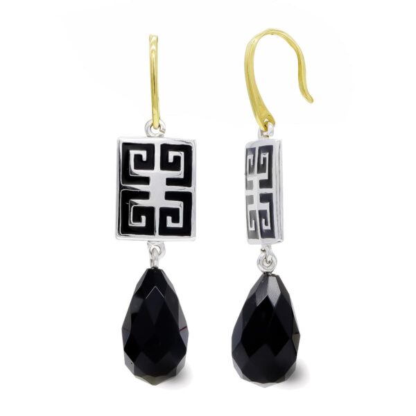 18K PENDIENTES ORO BICOLOR ONIX PERA CIERRE GANCHO