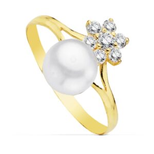 9K SORTIJA ORO AMARILLO CUAJO CIRCONITAS CON PERLA 6,5 MM. ANCHO: 12 MM