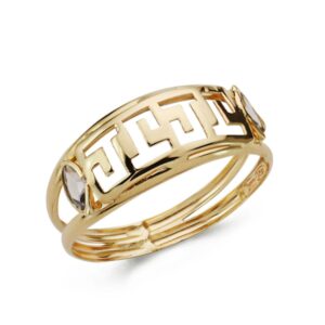 18K SORTIJA ORO AMARILLO DOS CUERPOS CON GRECA CALADA Y CIRCONITA OVALES. ANCHO: 7,5 MM