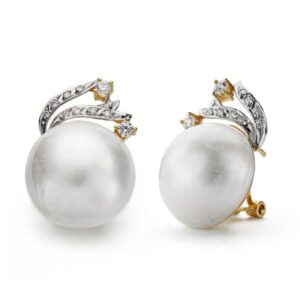 18K PENDIENTES ORO BICOLOR PERLA JAPONESA 15 MM RAMA CIERRE OMEGA