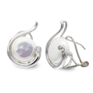 18K PENDIENTES ORO BLANCO PERLA BOTON 10 MM CIERRE OMEGA