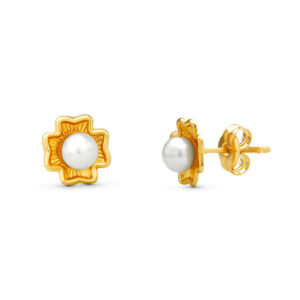18K PENDIENTES ORO AMARILLO TREBOL PERLA 7X7 MM CIERRE PRESION