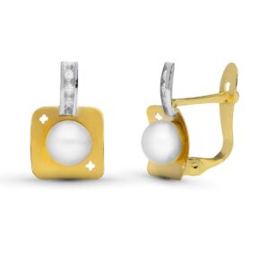 18K PENDIENTES ORO BICOLOR PERLA 12X8 MM CIERRE CATALAN