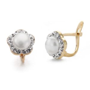 9K PENDIENTES ORO BICOLOR FLOR PERLA 9X9 MM CIERRE CATALAN
