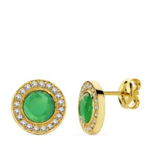 18K PENDIENTES ORO AMARILLO PIEDRA VERDE. 9 MM CIRCONITA CIERRE PRESION