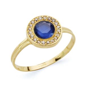 18K SORTIJA ORO AMARILLO MOTIVO REDONDO CON CIRCONITA AZUL Y BLANCAS. ANCHO: 9 MM