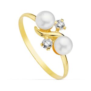 18K SORTIJA ORO AMARILO CON DOS PERLAS Y CIRCONITAS.