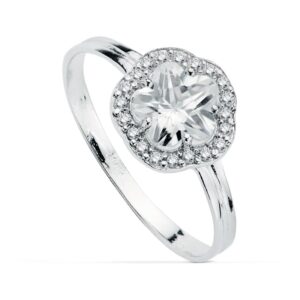 18K SORTIJA ORO BLANCO CON FLOR Y CIRCONITAS. ANCHO: 9 MM