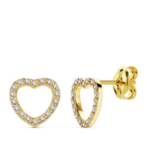 18K PENDIENTES ORO AMARILLO CORAZON CIRCONITA 8X8 CM CIERRE PRESION