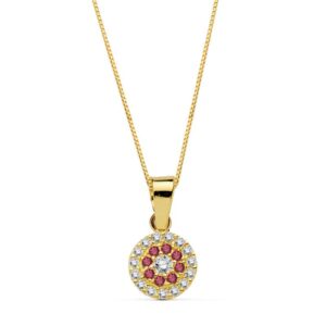 18K GARGANTILLA COLLAR ORO AMARILLO REDONDO PIEDRA ROJA 7 MM CADENA 45CM