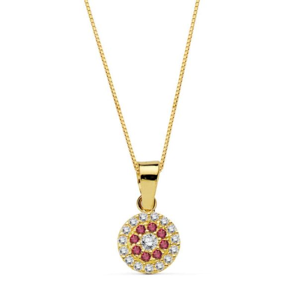 18K GARGANTILLA COLLAR ORO AMARILLO REDONDO PIEDRA ROJA 7 MM CADENA 45CM