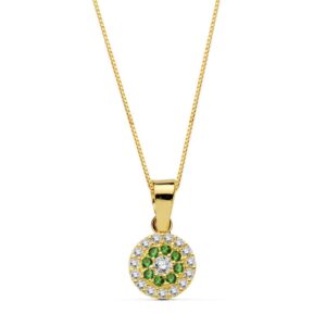 18K GARGANTILLA COLLAR ORO AMARILLO REDONDO PIEDRA VERDE 7 MM CADENA 45CM