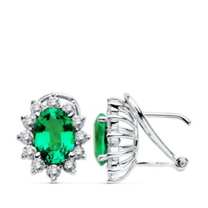 18K PENDIENTES ORO BLANCO DIAMANTES 0,84 QTS ESMERALDA 8X6 MM 2,20 QTES CIERRE OMEGA 13X11 MM