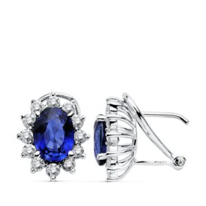 18K PENDIENTES ORO BLANCO DIAMANTES 0,84 QTS ZAFIRO 8X6 MM 3,26 QTS CIERRE OMEGA 12,5X11 MM
