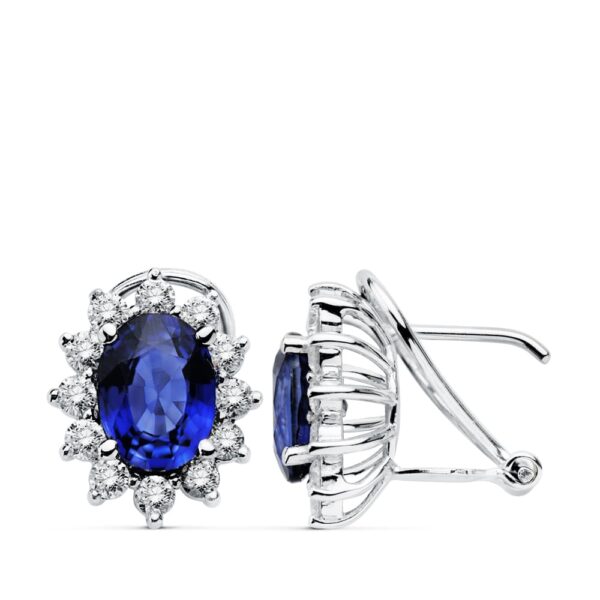18K PENDIENTES ORO BLANCO DIAMANTES 0,84 QTS ZAFIRO 8X6 MM 3,26 QTS CIERRE OMEGA 12,5X11 MM