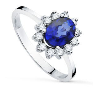 18K SORTIJA ORO BLANCO CUAJO CON DIAMANTES 0.42 QTS. ZAFIRO 8X6 MM 1.63 QTS.