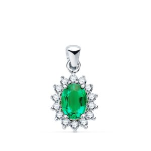 18K COLGANTE ORO BLANCO ESMERALDA 8X6 MM 1.10 QT. 14 DIAMANTES 0.42 QTS. SI-H. 12,5X11 MM