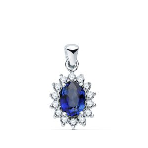 18K COLGANTE ORO BLANCO ZAFIRO 8X6 MM 1.63 QT. 14 DIAMANTES 0.42 QTS. SI-H. 12,5X11 MM