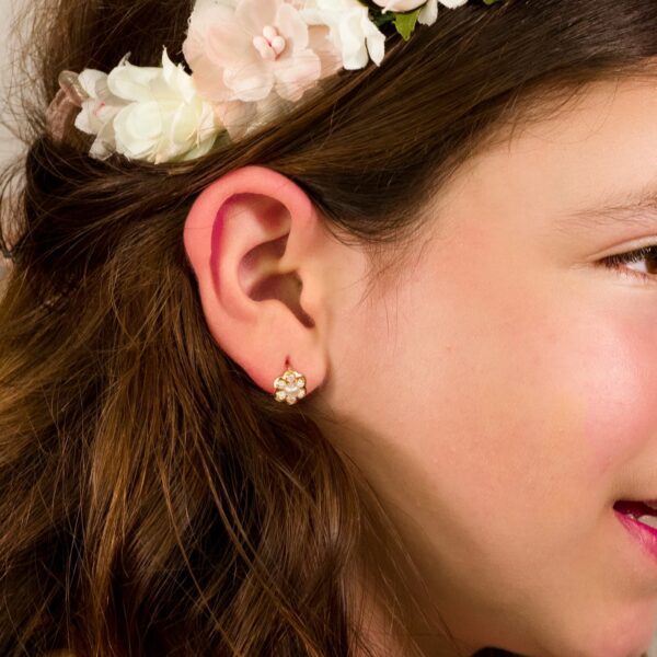18K PENDIENTES ORO AMARILLO FLOR CON CIRCONITA Y PERLA 8X8 MM CATALAN - Imagen 2