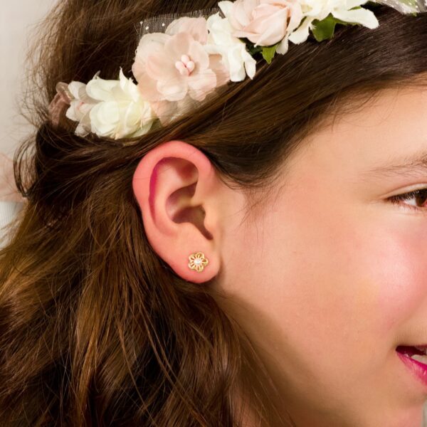 18K PENDIENTES ORO AMARILLO FLOR 8X7 MM PERLAS 3MM CIERRE PRESION - Imagen 2