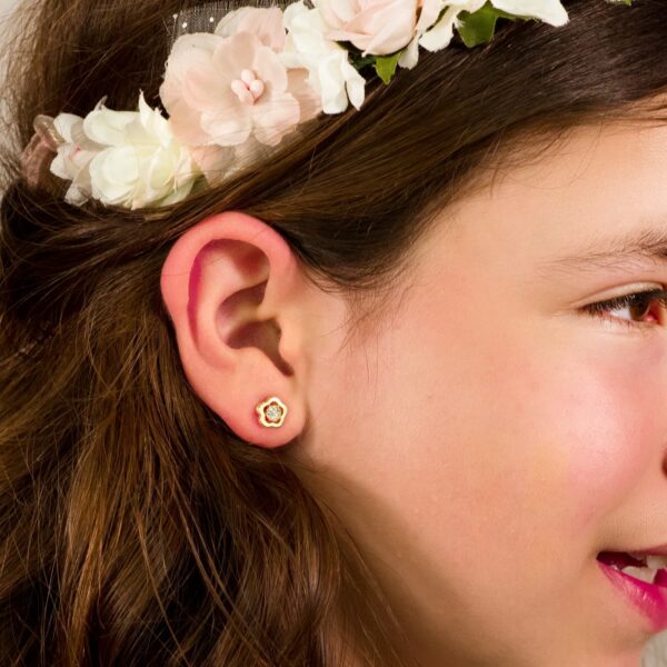 18K PENDIENTES ORO AMARILLO FLOR Y CIRCONITA 8X8 MM PRESION - Imagen 2