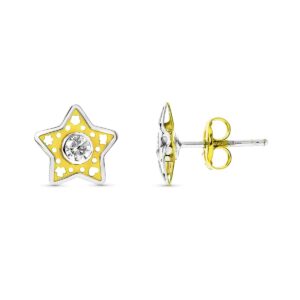 18K PENDIENTES ORO BICOLOR COMUNION ESTRELLA CIERRE PRESION