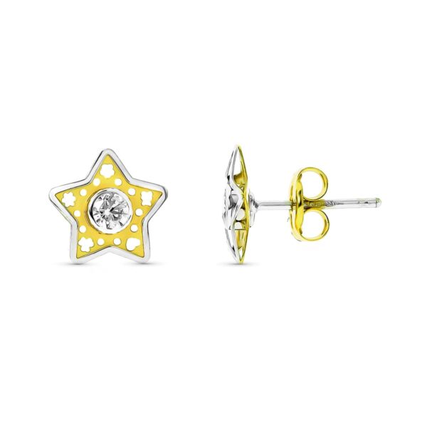 18K PENDIENTES ORO BICOLOR COMUNION ESTRELLA CIERRE PRESION