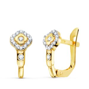 18K PENDIENTES ORO BICOLOR ROMBO CON CIRCONITA 13X6 MM CIERRE CATALAN