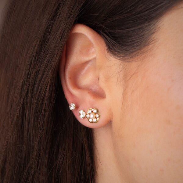 18K PENDIENTES ORO AMARILLO FLOR CON PERLAS 3MM Y CIRCONITAS 8,5 MM. CIERRE PRESION - Imagen 2