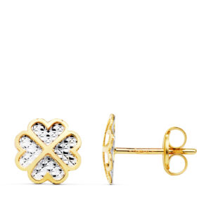 18K PENDIENTES TREBOL ORO BICOLOR 8X8 MM CIERRE PRESION