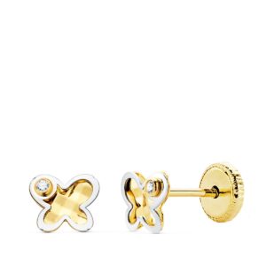 18K PENDIENTES MARIPOSA ORO BICOLOR CIRCONITA 5.5X4.5 MM CIERRRE TUERCA