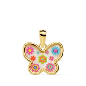 18K COLGANTE ORO AMARILLO MARIPOSA NACAR COLORES. 14X11 MM