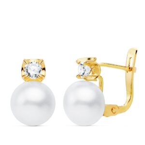 18K PENDIENTES ORO AMARILLO GARRAS CIRCONITA PERLA 7.5 MM 11X7.5 MM CIERRE CATALAN