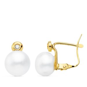 18K PENDIENTES ORO AMARILLO PERLA Y CHATON. 10X7 MM CIERRE CATALAN